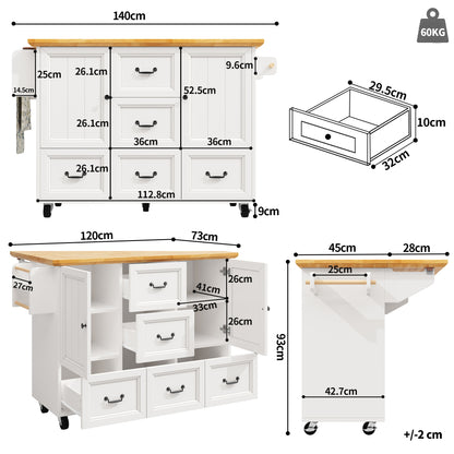 White Modern Mobile Kitchen Island Cabinet with Adjustable Shelves, Double Doors & 5 Drawers - Heavy-Duty Metal Construction, Pull-Out Kitchen Cart with Towel Rack & Spice Rack, Rolling Storage Cabinet with Black Legs, Space-