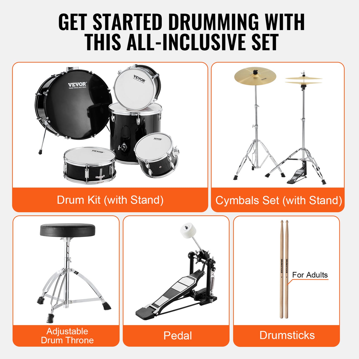 Drumstel – Drumset – Elektrisch Drumstel – Akoestisch Drumstel – Muziekinstrument – 22 Inch Full Size – Verstelbare Kruk & Duurzame PET Drumvellen