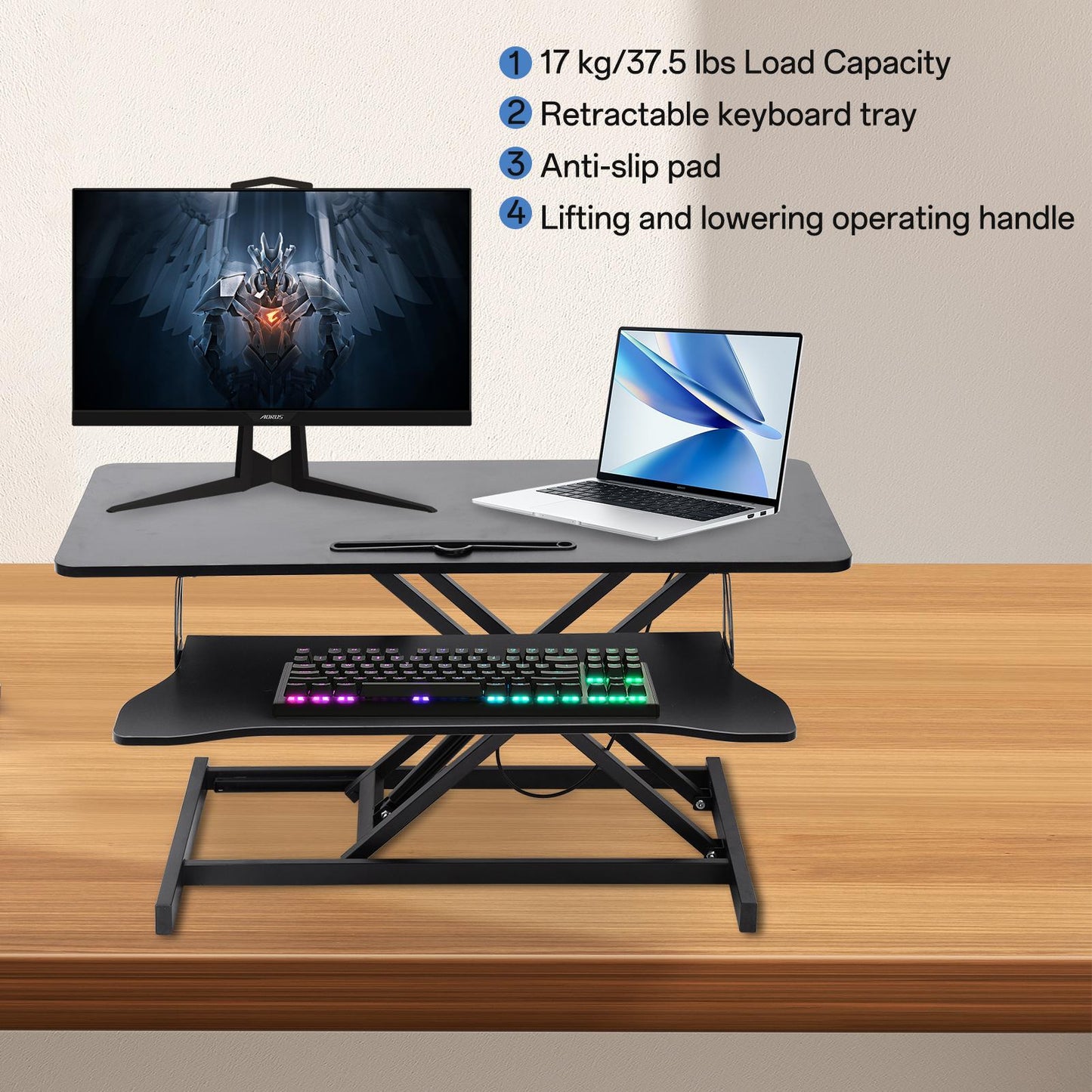 37-Inch Wide Height-Adjustable Dual Monitor Desk Converter with Manual Gas Spring Lift (46.99cm Raised Height) - Heavy-Duty Metal Frame for Office, Space-Saving Computer Workstation, Desktop Stand Compatible with Two Monitors
