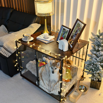 Bingopaw Dog Crate Furniture, 73cm Tempered Glass Dog Crate, Modern Indoor Dog Crate, Suitable for Small/Medium/Large Dogs Weighing No More Than 80kg, Side Table, Home Dog Crate, 77x 60 x 65cm, with 4 Brake Wheels, 360° No B