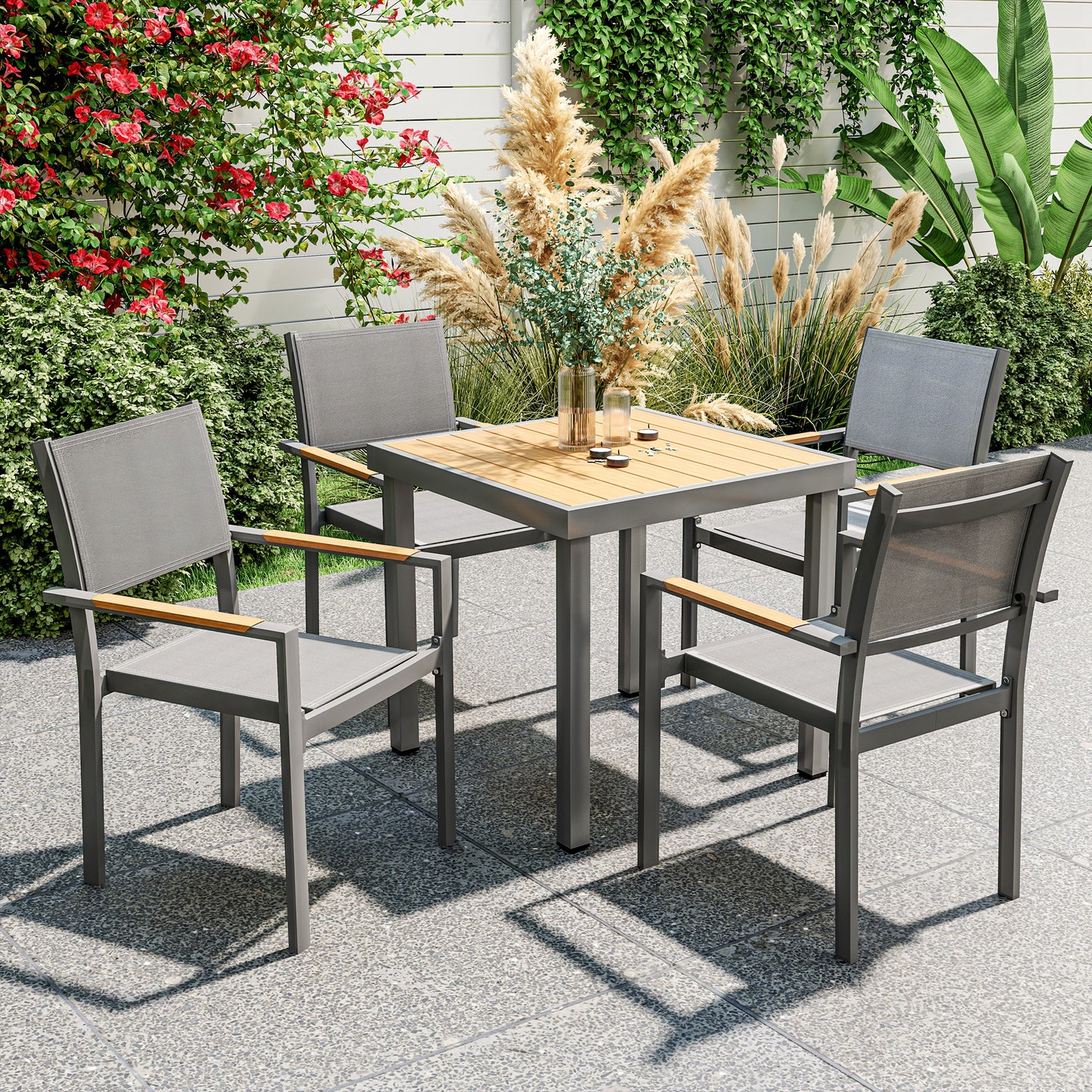 Tuinstoelen – Tuinmeubilair – Balkonstoelen – Terrasstoelen – Buitenstoelen – Aluminium Frame – Houten Look Armleuningen