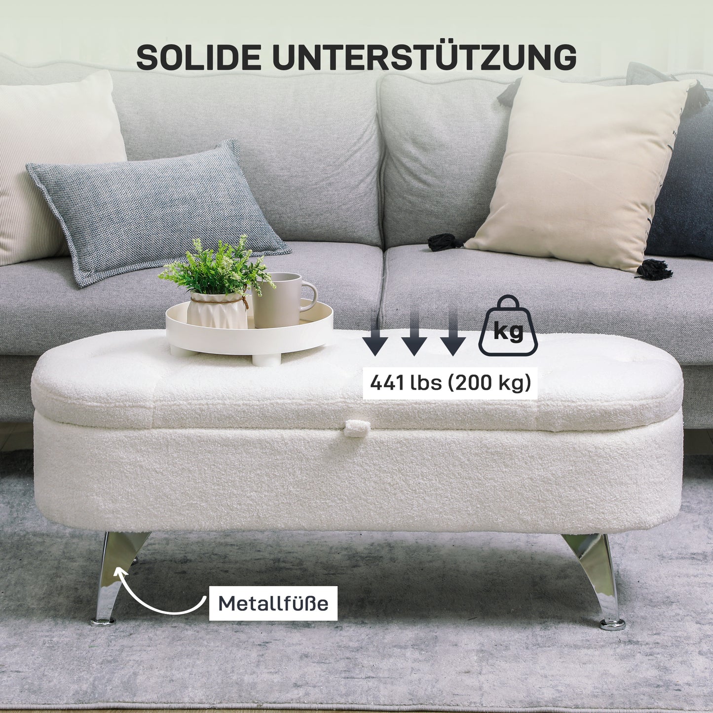 Opbergbank – Zitbank – Opbergkist – Halbank – Zithocker – Met Deksel – 51 Liter Opbergruimte – Met Metalen Frame 114x47x46,5 cm – Wit Teddybeer Design