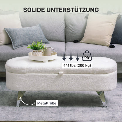 Opbergbank – Zitbank – Opbergkist – Halbank – Zithocker – Met Deksel – 51 Liter Opbergruimte – Met Metalen Frame 114x47x46,5 cm – Wit Teddybeer Design