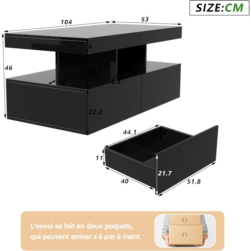 Salontafel – Koffietafel – Tafel – Bijzettafel – Modern – Zwart – Twee Laden – Verstelbare LED-Verlichting
