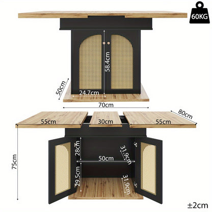 Uittrekbare Eettafel – Uitschuifbare Tafel – Uitklapbare Keukentafel – Multifunctionele Eettafel – Ruimtebesparende Tafel – Zwart Met PE Rotan Deuren – 110-140x80 cm – Geschikt Voor 4-6 Personen