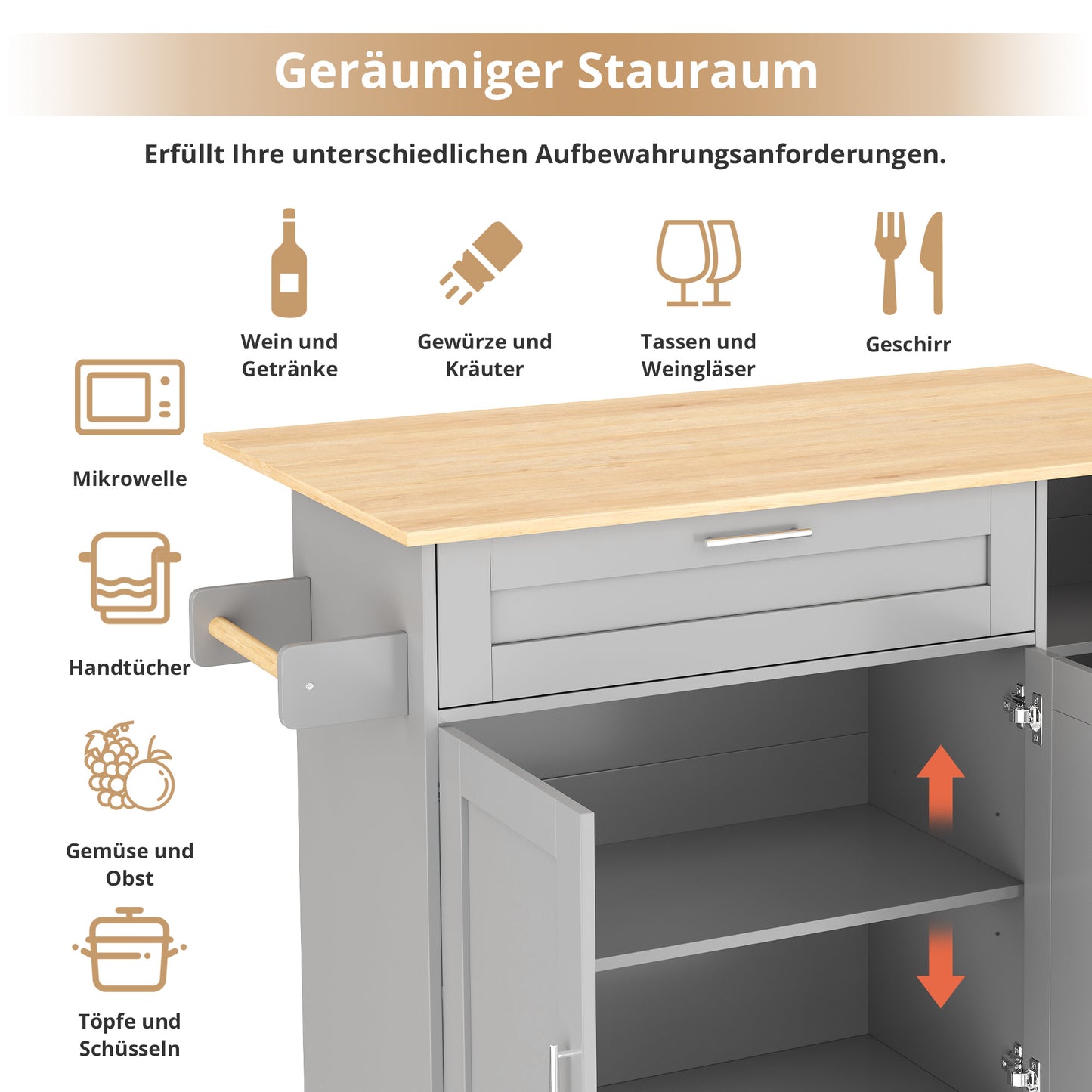 Keukenwagen – Keukenkar – Servierwagen – Mobiele Keukentrolley – Keukenmeubel – Uitklapbaar Werkblad – 5 Wielen Met Rem – Grijs Met Eikenlook
