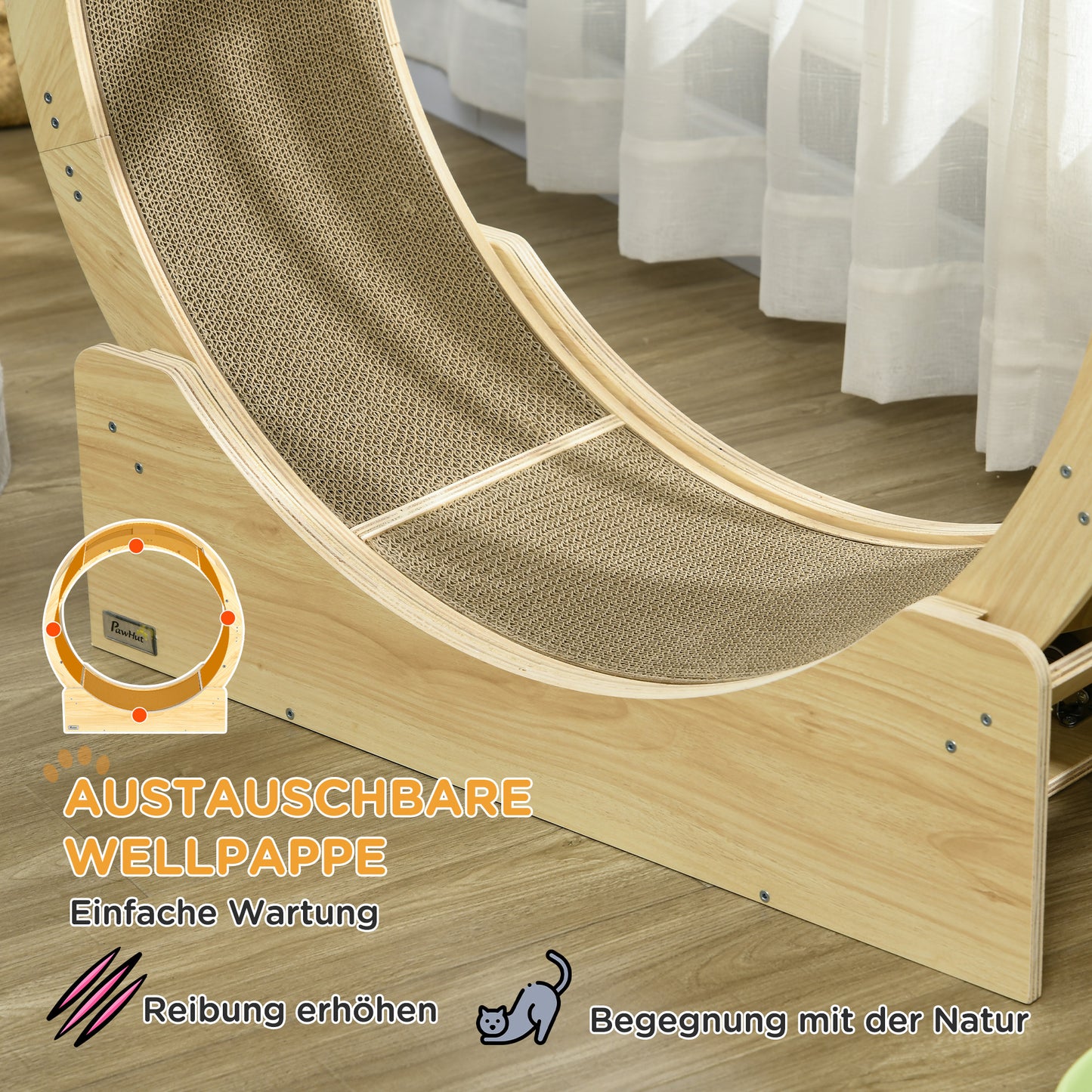 Kattenrenwiel – Kattenloopwiel – Kattenrad – Kattenfitness – Kattenwiel – Eiken Houtafwerking – Veiligheidsrem en Vervangbare Krabmat – 91 cm Hoog