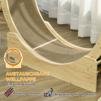 Kattenrenwiel – Kattenloopwiel – Kattenrad – Kattenfitness – Kattenwiel – Eiken Houtafwerking – Veiligheidsrem en Vervangbare Krabmat – 91 cm Hoog
