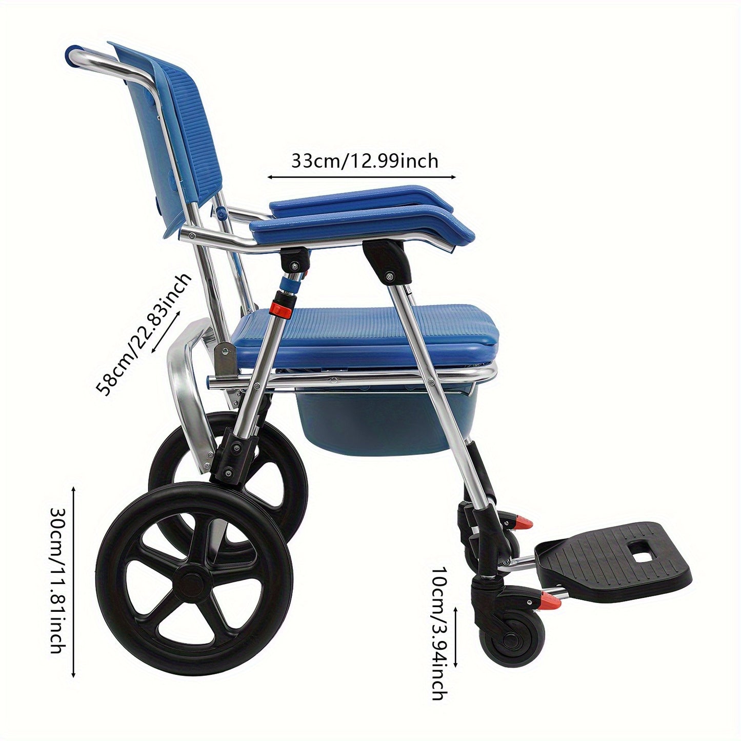 Vouwbare Douchebrancard – Toiletstoel – Rollstoel – Doucherolstoel – Commode Rolstoel – Met Armleuningen en Rugleuning – Sterk Aluminium – Inklapbaar Blauw