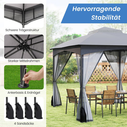 Tuinpaviljoen – Partytent – Tuintent – Prieel – Pergola – 3 x 3,6 m – Waterdicht Dubbel Dak – Inclusief Muggennetten & Zandzakken – Grijs