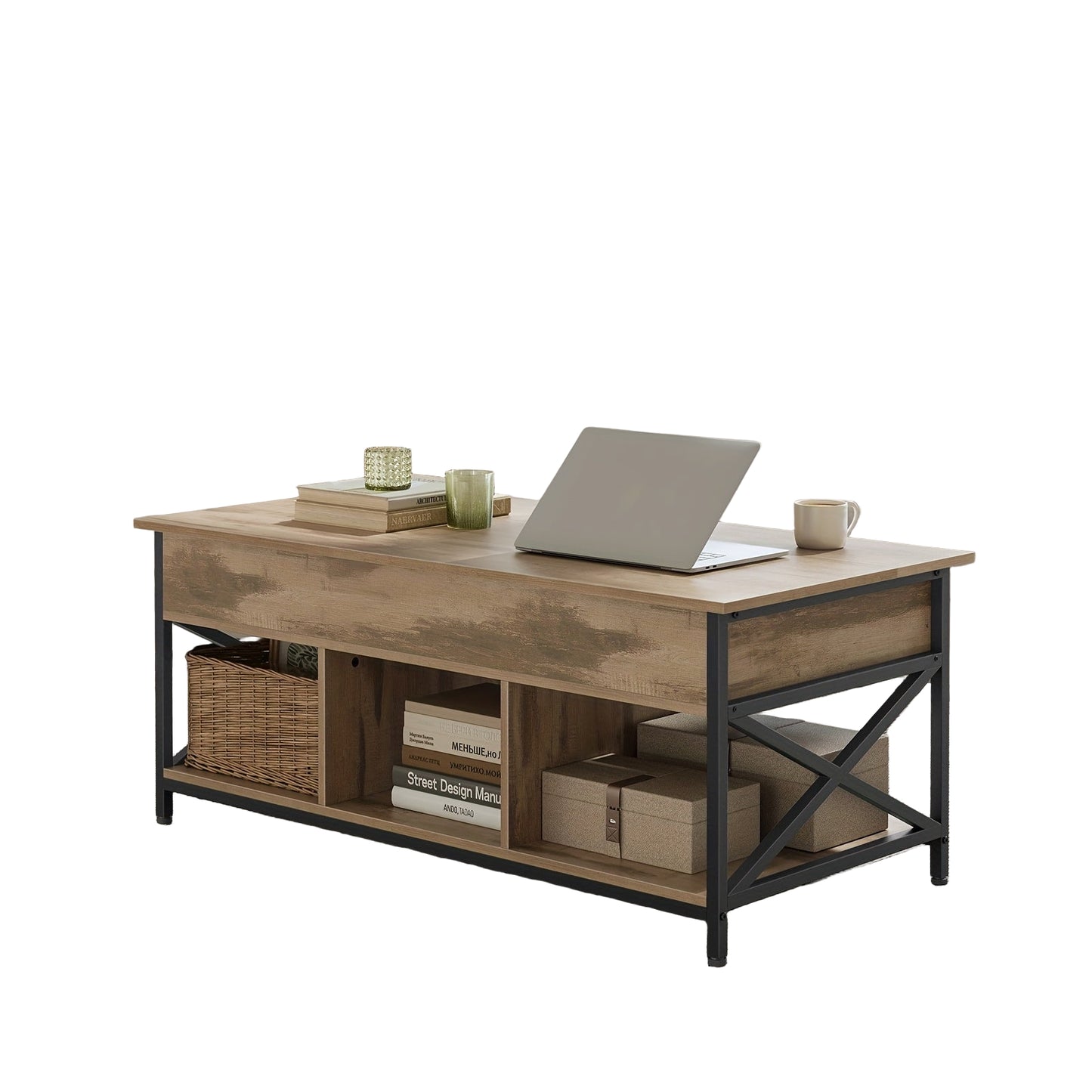 Lift-Top Salontafel – Koffietafel – Multifunctionele Tafel – Opbergtafel – Verstelbare Tafel – Massief Hout Camelbruin – Verhoogbaar Tafelblad 48-62 cm – Stevige X-Vormige Stalen Steun
