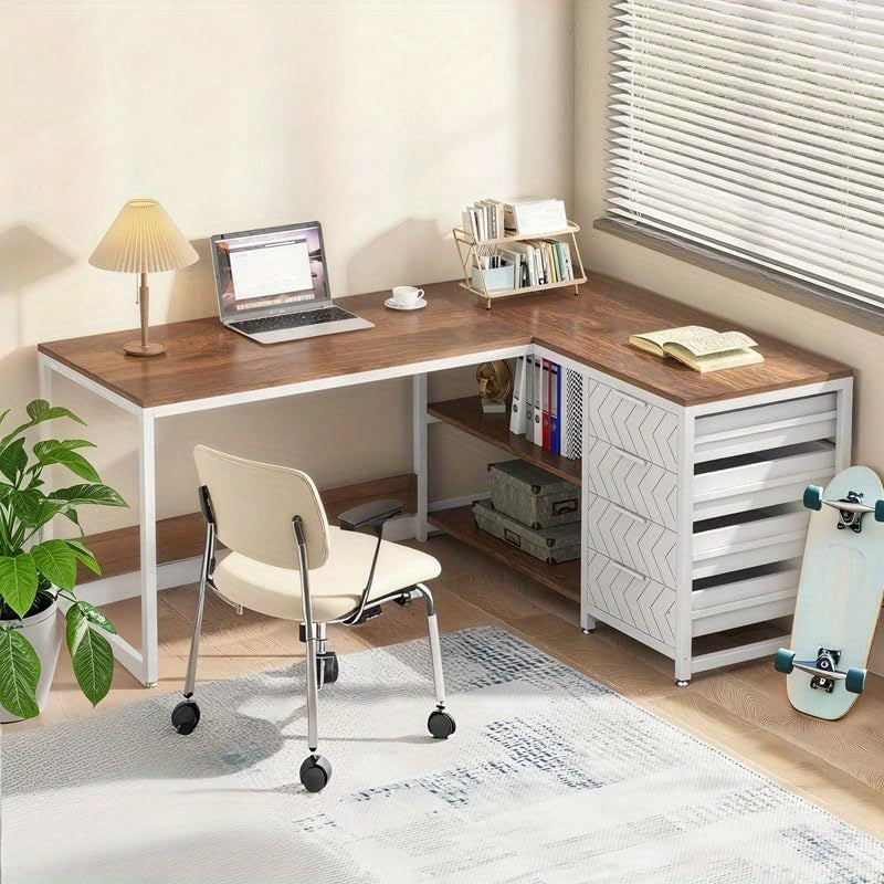 Hoekbureau – L-vormig Bureau – Werkbureau – Computerbureau – Bureau met Laden – Verstelbare Poten – Robuust Metaal Frame – Compact 150x110x75 cm – Donkerbruin Wit