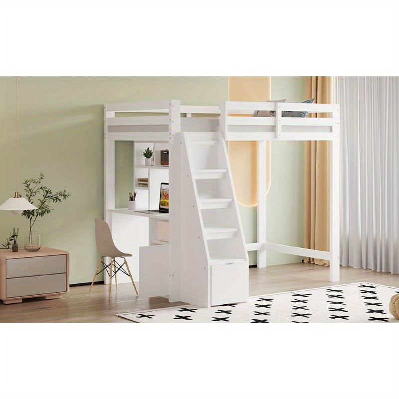 Hoogslaper – Stapelbed – Bedbank – Kinderbed – Eenpersoonsbed – Met Bureau en Opbergruimte – Stevig Wit Frame – 200 cm Hoog