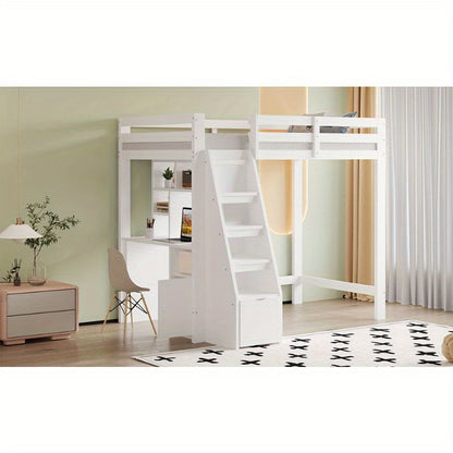 Hoogslaper – Stapelbed – Bedbank – Kinderbed – Eenpersoonsbed – Met Bureau en Opbergruimte – Stevig Wit Frame – 200 cm Hoog
