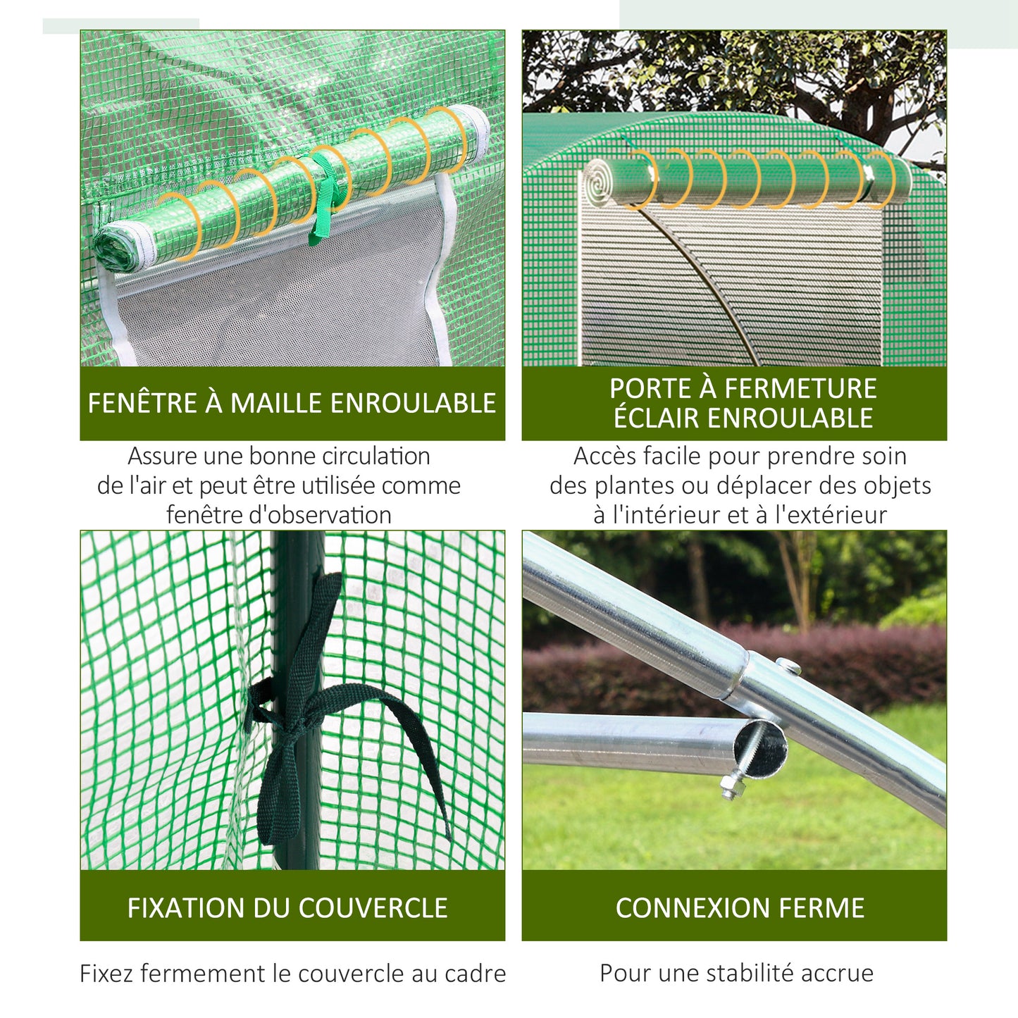 Outsunny Garden Greenhouse Tunnel 9 m² dim. 3L x 3l x 2H m - 4 windows, Roll-up Zippered Door - Tubular Chassis Galvanized Steel, High Density PE Cover Green, Protects Plants From Cold Rain Insects Birds, Ideal For Flowers V