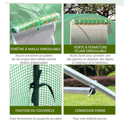 Outsunny Garden Greenhouse Tunnel 9 m² dim. 3L x 3l x 2H m - 4 windows, Roll-up Zippered Door - Tubular Chassis Galvanized Steel, High Density PE Cover Green, Protects Plants From Cold Rain Insects Birds, Ideal For Flowers V