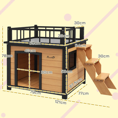 Hondenhok – Hondenhuis – Hondenkennel – Buitenhok – Hondenverblijf – Weerbestendig Hout – Met Dakterras 121x77x78 cm – Zwart/Geel