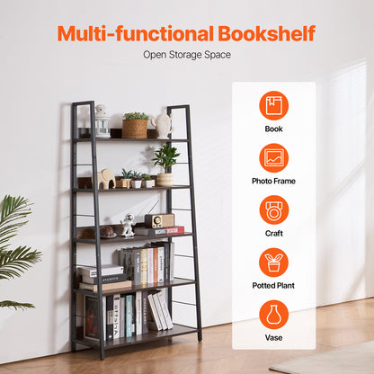 Metalen Boekenplank – Boekenkast – Plankenrek – Opbergkast – Display Rek – 5 Lagen – Stabiel Metalen Frame – Krasbestendige Bruine Afwerking