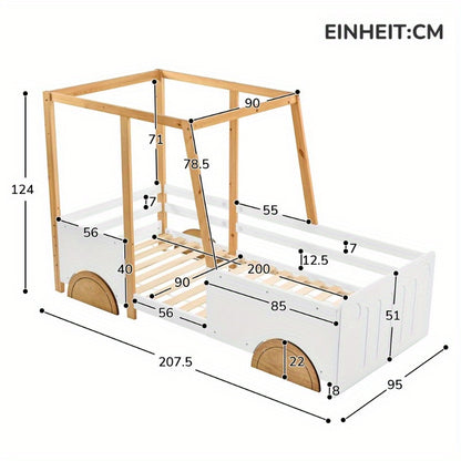 Auto Bed – Kinderbed – Speelbed – Peuterbed – Juniorbed – MDF Wielen – Pin Frame Wit Natuurkleur – Afmeting 90x200 cm