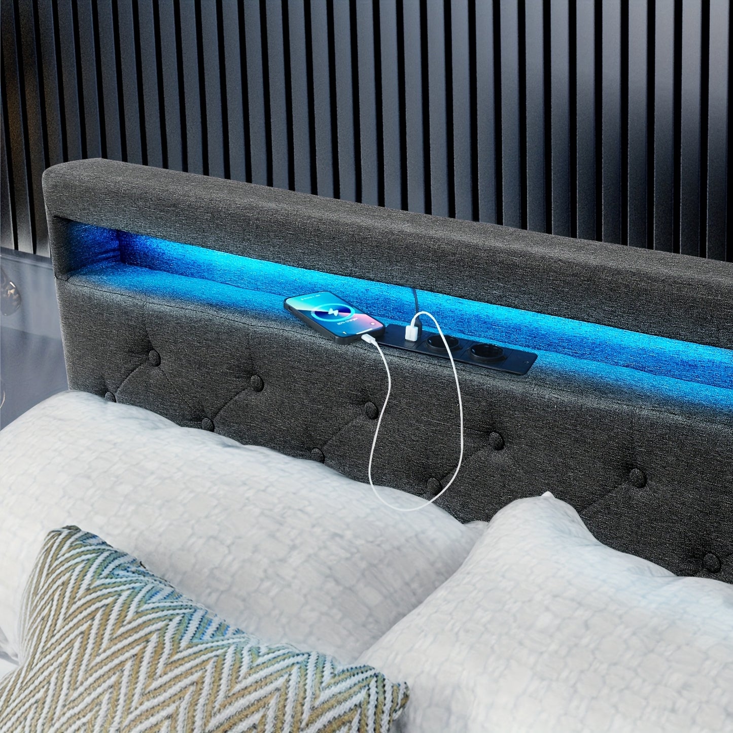 Bed 140x200 cm – Tweepersoonsbed – Boxspring – Led Bed – Opbergbed – Gestoffeerd Hoofdbord – Met Vier Lade Opbergruimte – USB Verlichte LED – Met Houten Lattenbodem