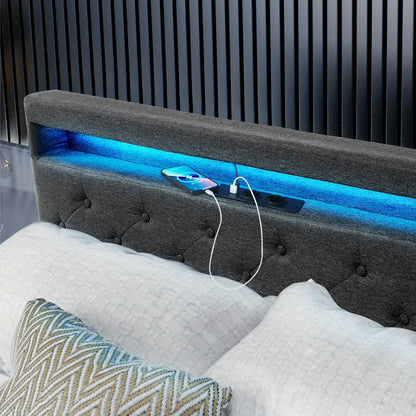 Bed 140x200 cm – Tweepersoonsbed – Boxspring – Led Bed – Opbergbed – Gestoffeerd Hoofdbord – Met Vier Lade Opbergruimte – USB Verlichte LED – Met Houten Lattenbodem