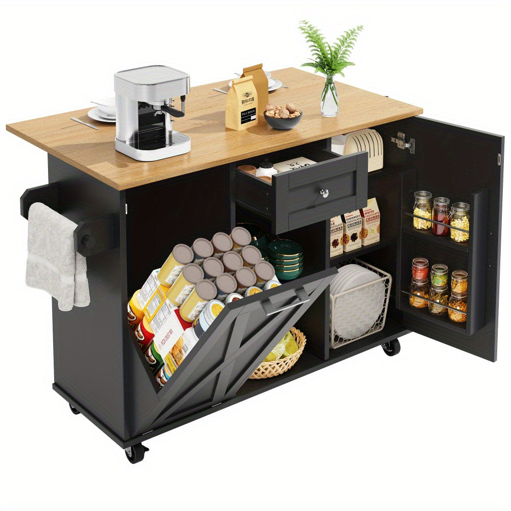 Keukeneiland – Keukentrolley – Keukenkast – Serveerwagen – Buffetkast – Zwart Retro Design – Ruime Opbergruimte – Duurzame MDF & Metaal – Ruimtebesparend Zonder Elektriciteit