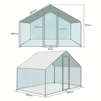 Vrijloopren – Ren – Buitenren – Kippenren – Dierenren – 3 x 2 x 2 Meter – Gegalvaniseerd Stalen Frame – UV- en Waterbestendig Dak