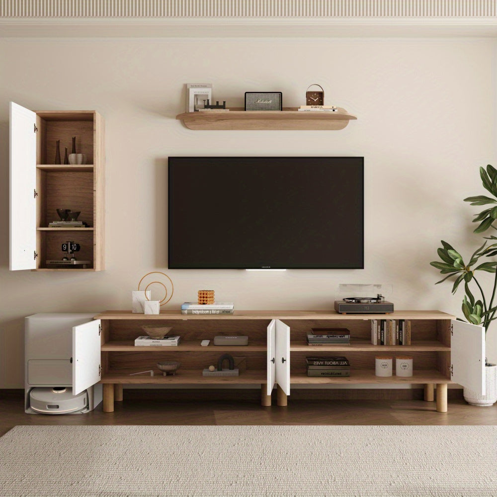 Tv-meubel – TV-kast – TV-dressoir – Wandmeubel – Media meubel – 3-delige set – Wit met beige houtlook – Opbergruimte met reliëfdeuren