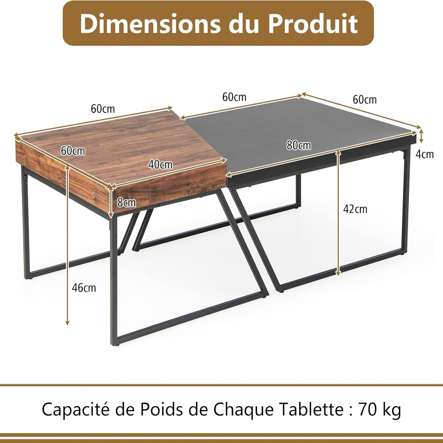 Salontafel – Koffietafel – Bijzettafel – Woonkamertafel – Tafeltje – Vintage Industrieel Design – Met 2 Tafels 120x60x46 cm – Met Verstelbare Anti-slip Voeten