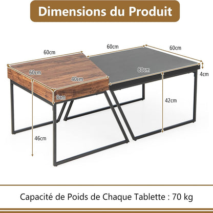 Salontafel – Koffietafel – Bijzettafel – Woonkamertafel – Tafeltje – Vintage Industrieel Design – Met 2 Tafels 120x60x46 cm – Met Verstelbare Anti-slip Voeten