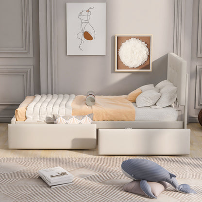 Bedbank – Slaapbank – Logeerbed – Eenpersoonsbed – Bed – Lichtbeige Gestoffeerd – Lattenbodem – 2 Grote Opberglades