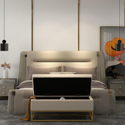 Storage Bench with Decorative Button Tufting, Flannel Look, Gold Steel Legs, 110 x 47 x 46.5 cm