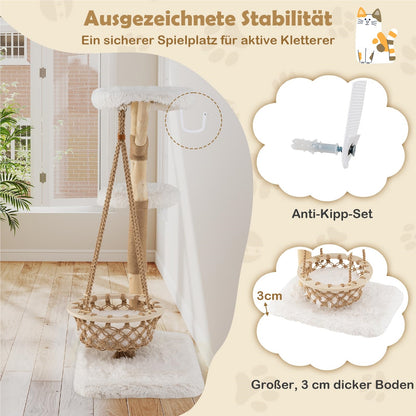 Kattenboom – Krabpaal – Klimmeubel – Speelboom – Kattenmeubel – Natuurlijke Perenhout Takken – Comfortabele Hangmat Met Kussen – Extra Stabiel Met Anti-Kantel Mechanisme