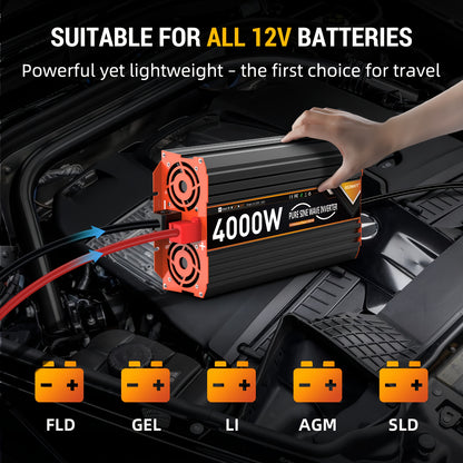 Peak Power 4000W Heavy-Duty Car Power Inverter with LCD Display, Continuous 2000W Output, AC Outlets (European Schuko), 2 USB Ports & Type-C, Remote Controller - for RV, Truck, Solar, Boat, Home Backup - Compatible with 12V/2