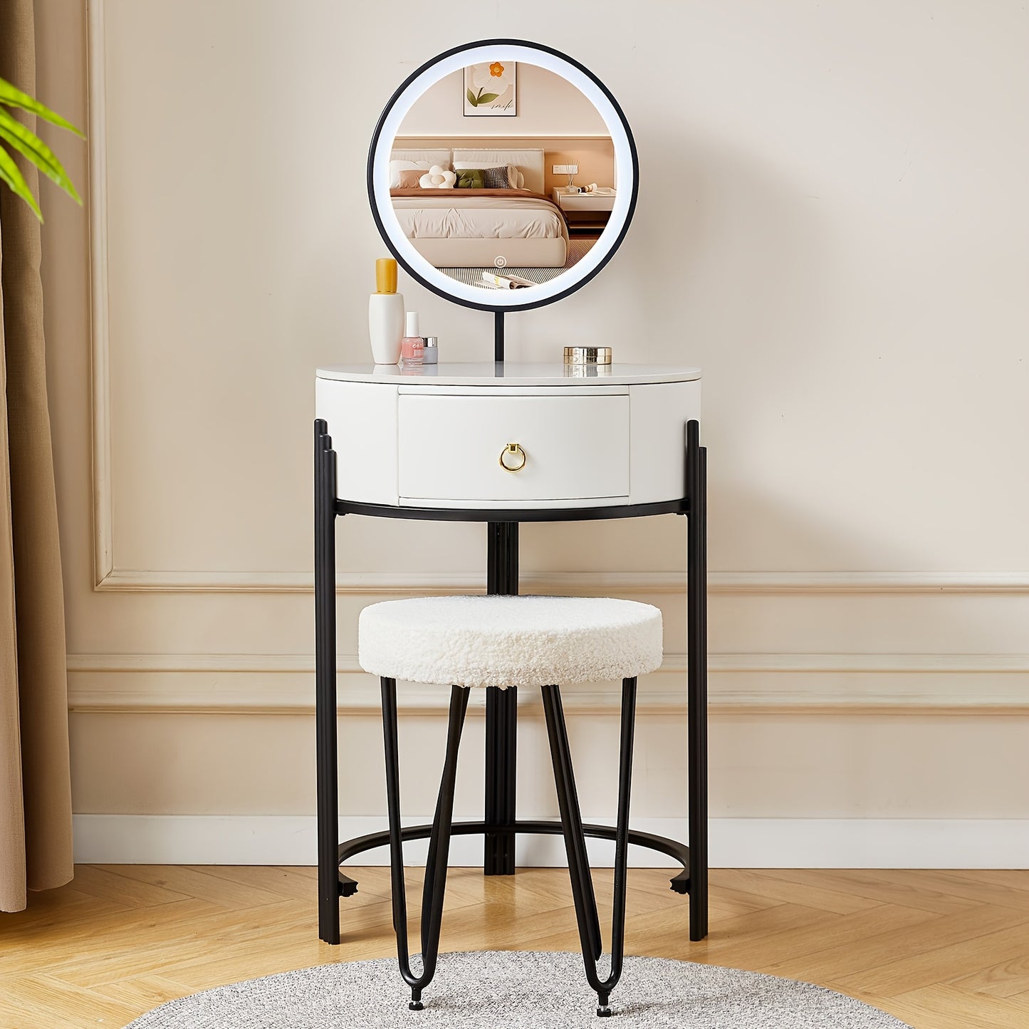 Make-up Vanity – Make-uptafel – Schminktisch – Make-up Bureau – Make-up Meubel – Wit – Rond Design – Sintered Stone Blad – Inclusief Kruk en Spiegel