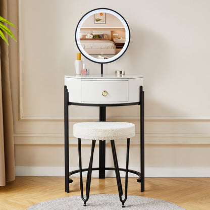 Make-up Vanity – Make-uptafel – Schminktisch – Make-up Bureau – Make-up Meubel – Wit – Rond Design – Sintered Stone Blad – Inclusief Kruk en Spiegel