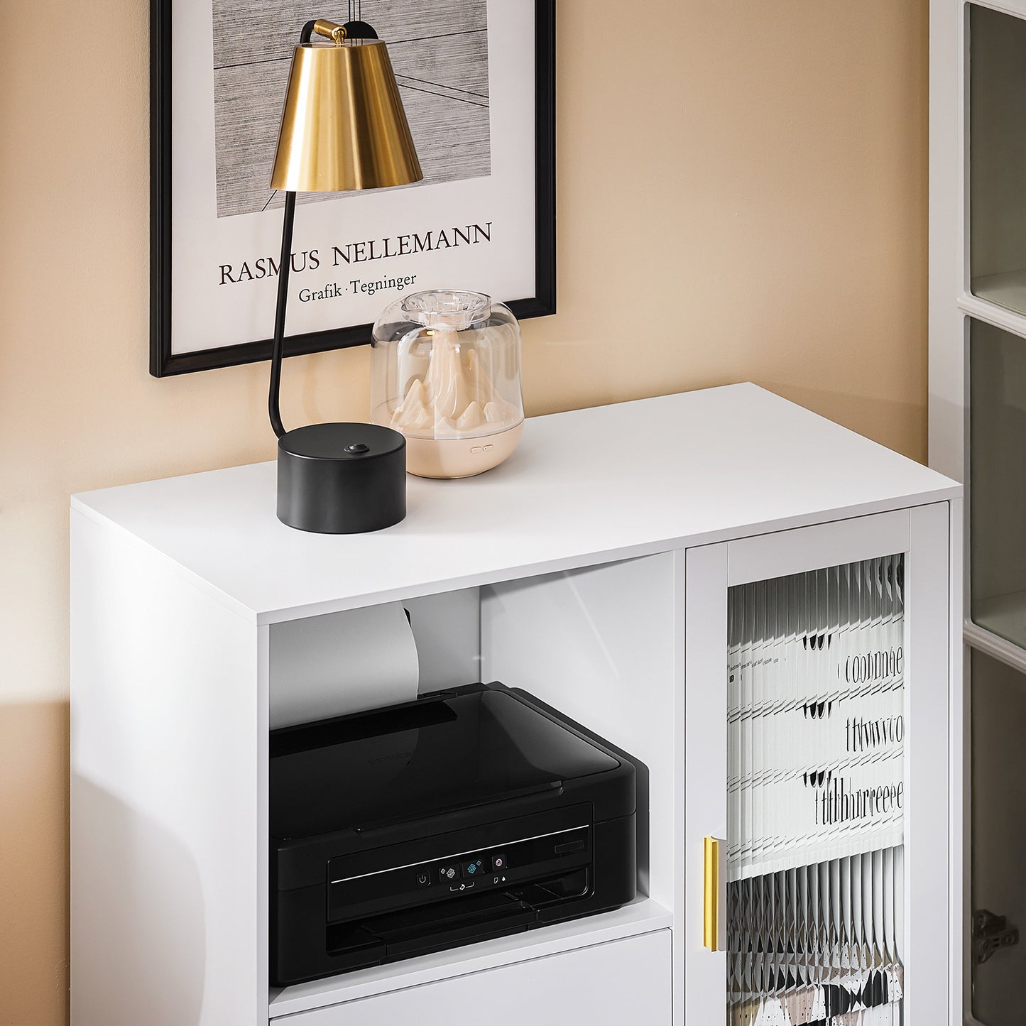 Kantoorkast – Opbergkast – Bureaukast – Mobiele Kast – Ladenkast – Met Wieltjes en Glasdeur – Compact 75x40x76 cm – MDF Stevig