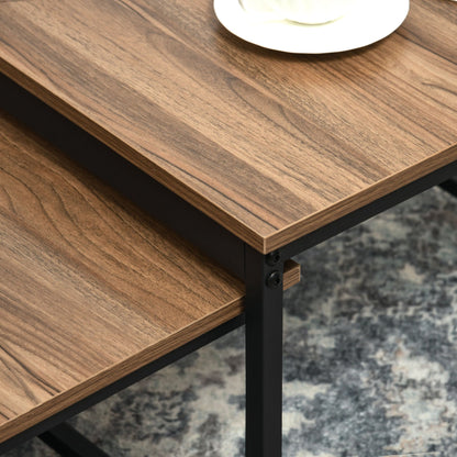 Salontafel Set – Bijzettafel – Koffietafel – Tafeltje – Tafel Duo – Industrieel Design – Zwart Stalen Frame – Houtlook Tafelblad