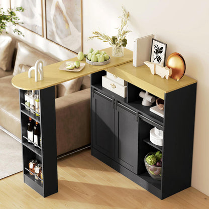 Uitklapbare Eettafel – Uitschuifbare Bartafel – Klaptafel – Multifunctionele Tafel – Opbergtafel – Verstelbare Planken – Zwart MDF & Spaanplaat