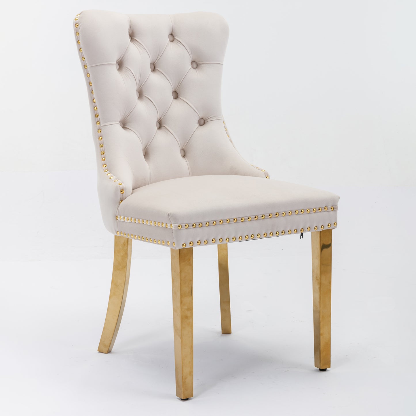 A&A Furniture, Nikki Collection Modern Premium Tufted Solid Wood Contemporary Velvet Upholstered Dining Chair with Golden Stainless Steel Plating Legs, Nailhead Trim, Set of 2, Beige and Gold, DE1601BG