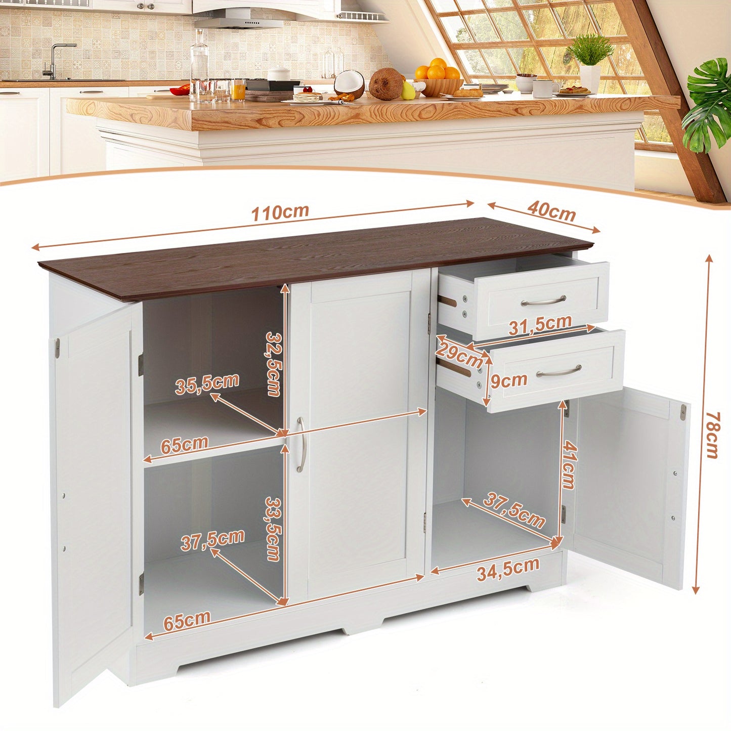 Opbergkastje – Kastje – Dressoir – Buffetkast – Keukenkast – Wit – 100x40x78 cm – Verstelbare plank & Stevig MDF metaal