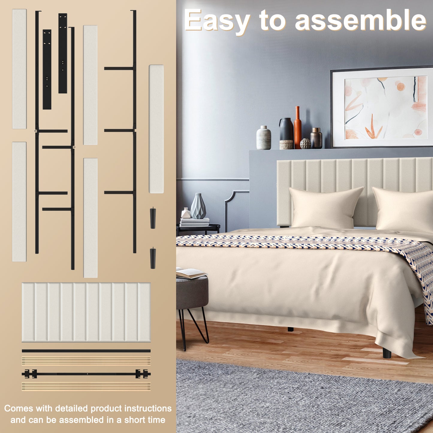Upholstered Bed Frame with Headboard and Slatted Base, Sturdy Metal Platform, Mattress Foundation, Black/Beige