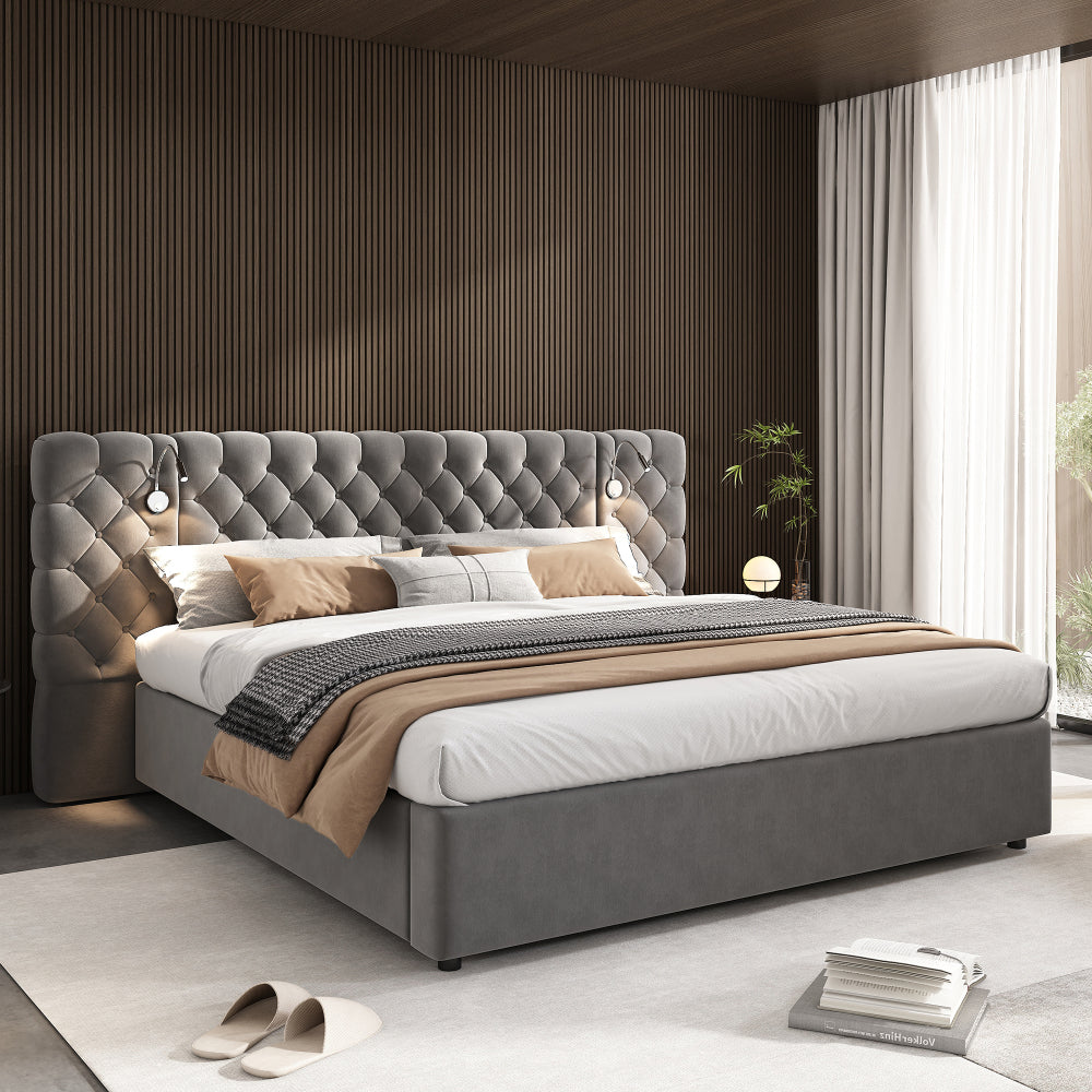 Bedkasten – Nachtkastje – Bijzettafel – Ladekast – Opbergkast – Tweepersoonsbed 160x200 cm – Hydraulisch Liftsysteem – Ruime Opbergruimte – Modern Grijs