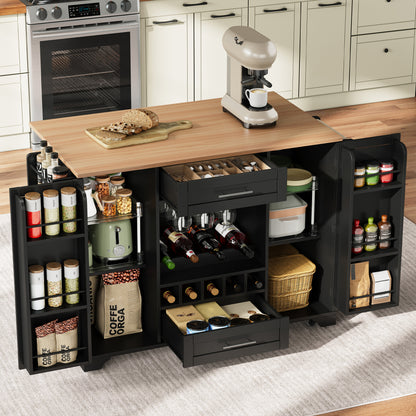 Keukentrolley – Keukenkar – Serveerwagen – Keukenwagen – Opbergtrolley – Mobiel met Wieltjes – Inklapbaar Werkblad – Wijnrek & Kruidenrek – 120x45/70x92 cm – Zwart