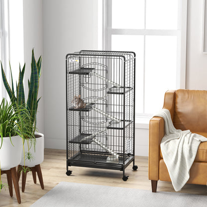 Kleine Dierenkooi – Knaagdierkooi – Rodent Cage – Kleine Huisdieren Kooi – Dierenverblijf – Met 5 Ramps en Platforms – Afneembare Bodemtray en Waterfles – Stalen Frame en PP Zwart