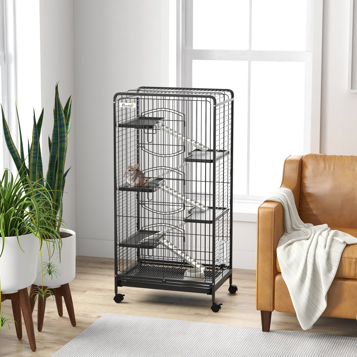 Grote Dierenkooi – Huisdierenkooi – Kleine Dier Kooi – Konijnenkooi – Frettenkooi – 5 Platforms en Ramps – Uitneembare Bodemtray en Wieltjes – Zwart