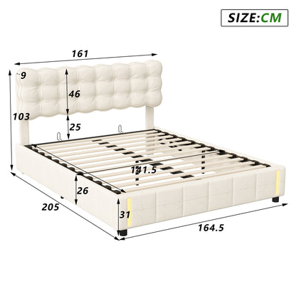 Gestoffeerd Bed – Opbergbed – Tweepersoonsbed – Bedframe – Hydraulisch Opbergbed – 140x200 cm – Fluweel Beige – Met Opbergruimte Onder Bed