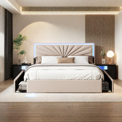 Tweepersoonsbed – Bed met Opberglades – Gestoffeerd Bed – LED Verlichting Bed – 160x200 cm – Beige – 4 Ruime Lades – Robuust Metalen Frame