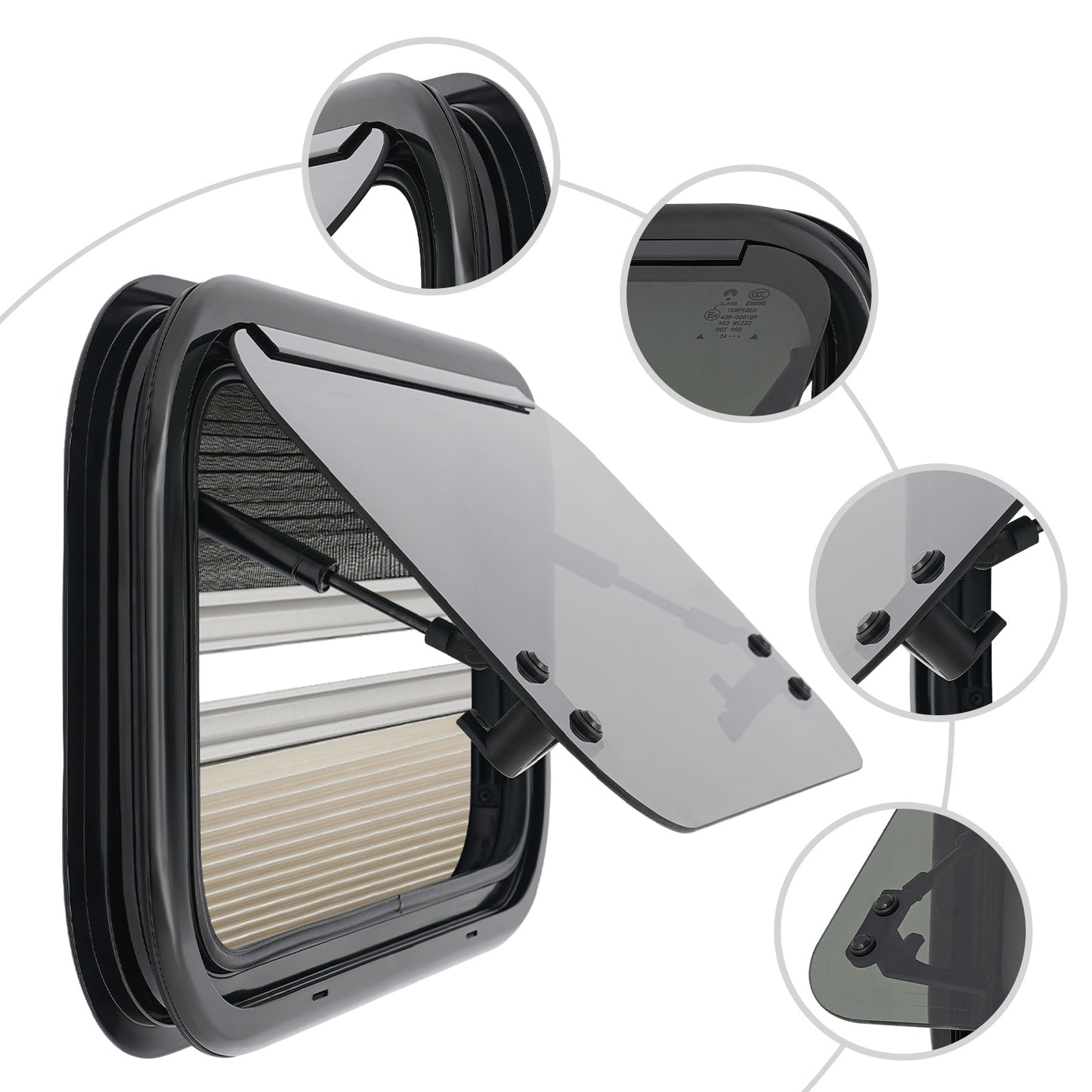 Caravanraam – Camperraam – Schuifraam – Uitzetraam – Zijraam – Aluminium Frame – Zwart Gehard Glas – 500x300mm – Inclusief Hor en Zonwering