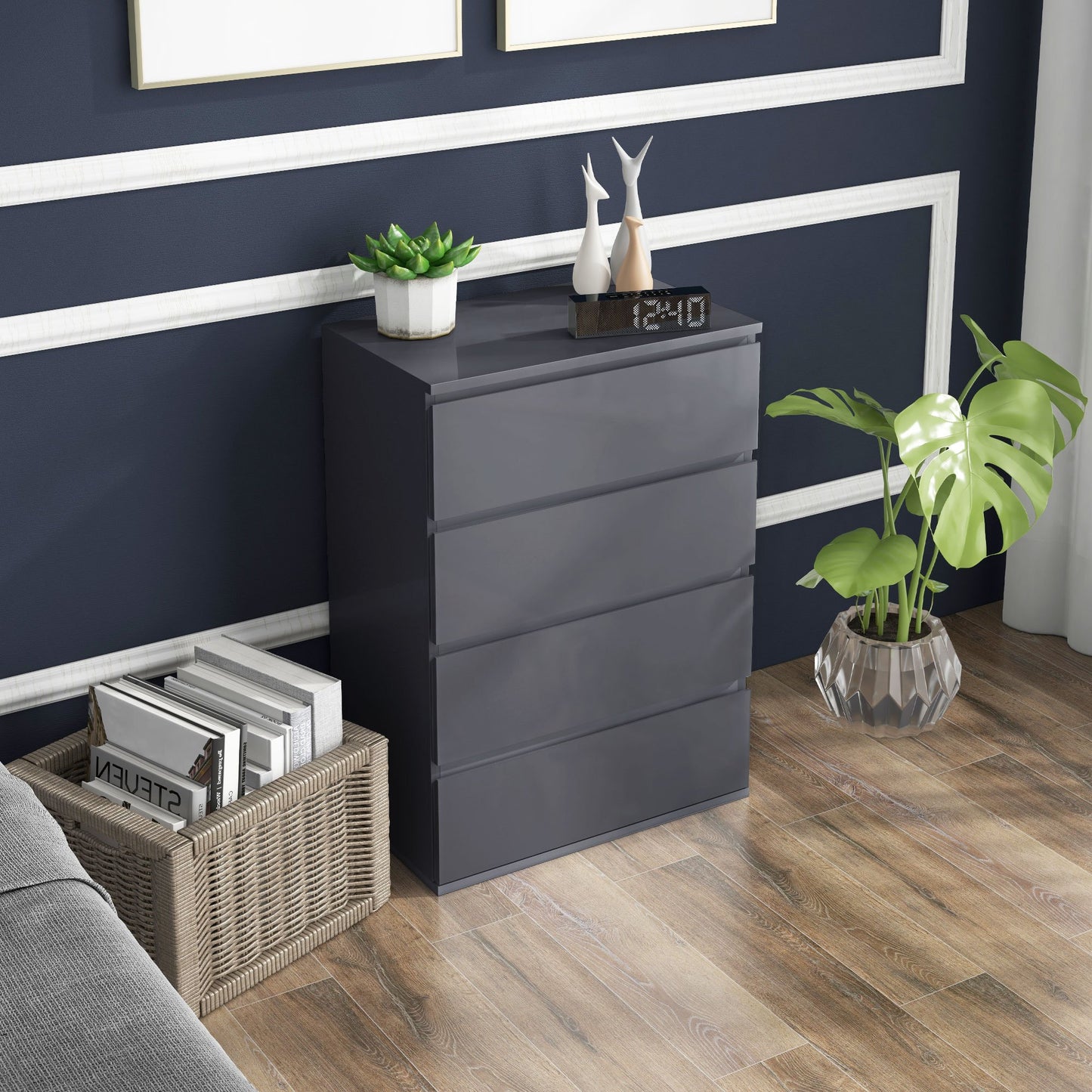 Ladekast – Ladenkast – Commode – Opbergkast – Dressoir – 4 Lades – Soft-Close Mechanisme – Glanzende Grijze Afwerking – 55 x 33 x 80 cm